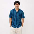Men's Teal Textured Resort Collar Printed Shirt-2