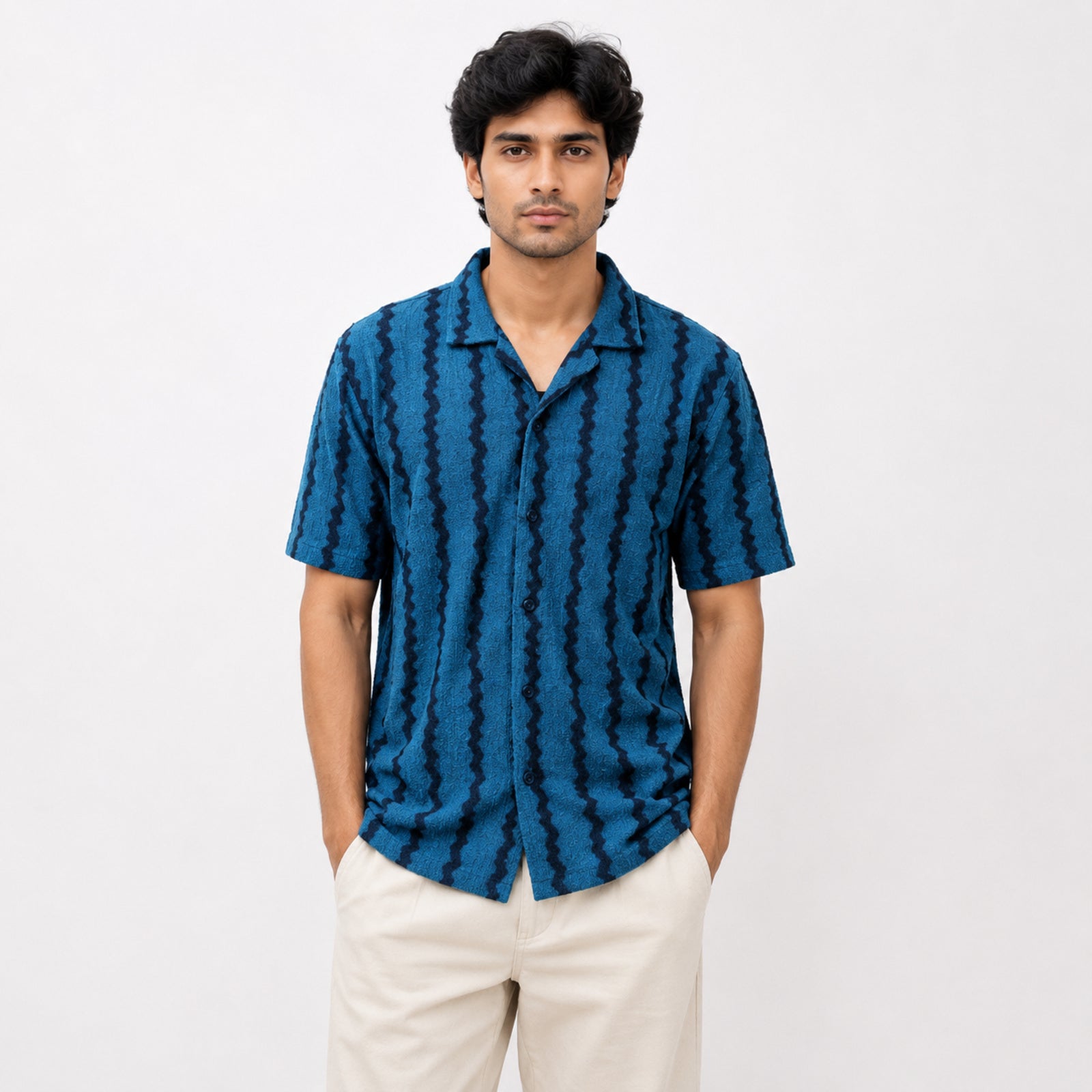 Men's Teal Textured Resort Collar Printed Shirt-2