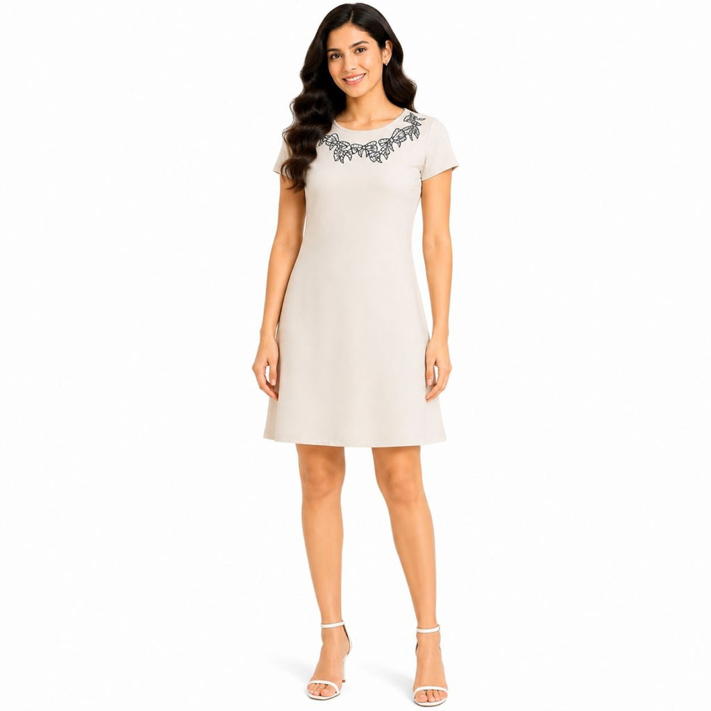Women's Beige Embellished A-Line Dress | Round Neck Short Sleeve Knee Length Casual Dress-1