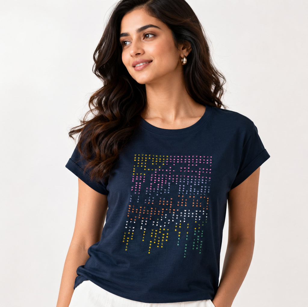Women's Radiant Peacock Blue Graphic Tee with Neon Digital Rain Typography-2