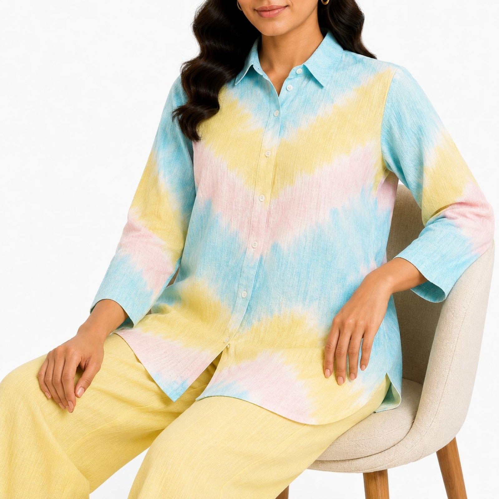 Women's Yellow Tie-Dye Collared Shirt and Wide-Leg Pyjama Co-Ord Set | Relaxed Lounge Set-3
