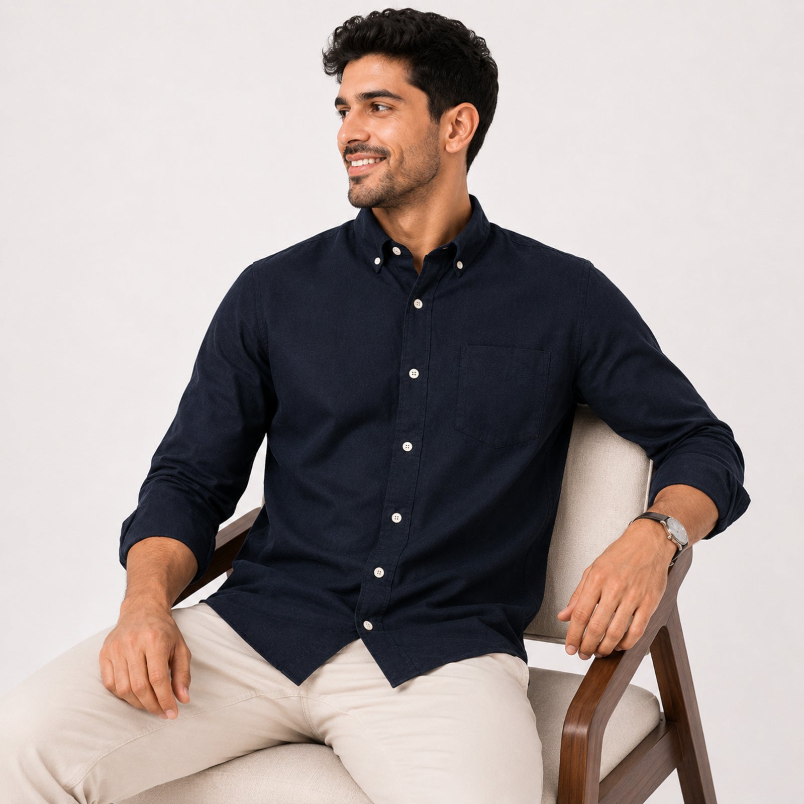 Men's Classic Navy Blue Button-Down Casual Solid Shirt-2