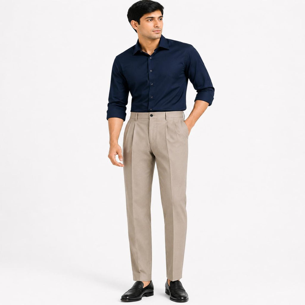 Men's Khaki Pleated Tapered Formal Trousers | Smart Fit Office Wear Pants-1
