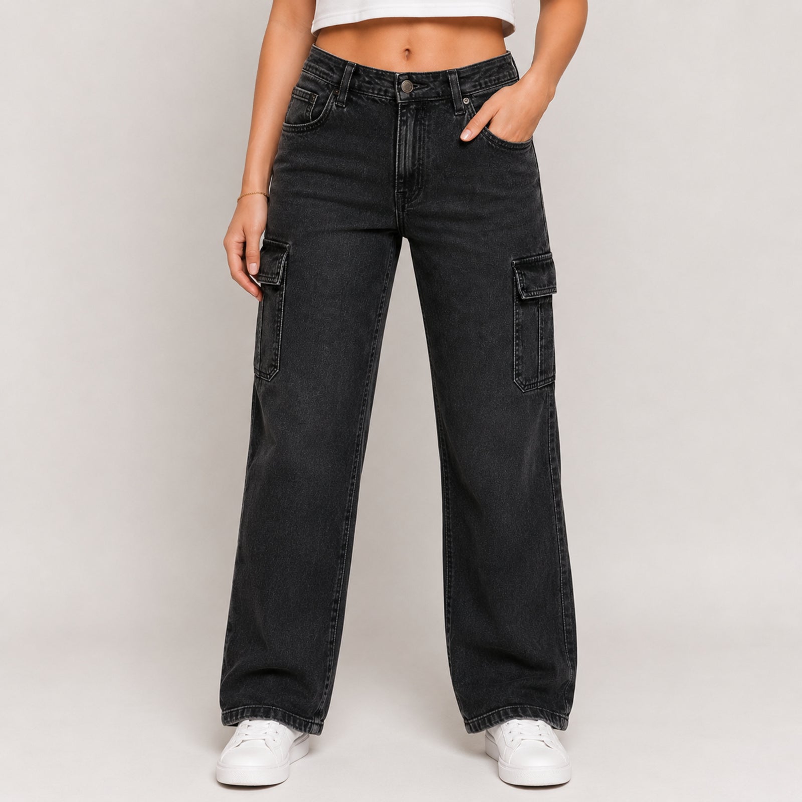 Women's Grey Washed Cargo Fit Denim Jeans-1