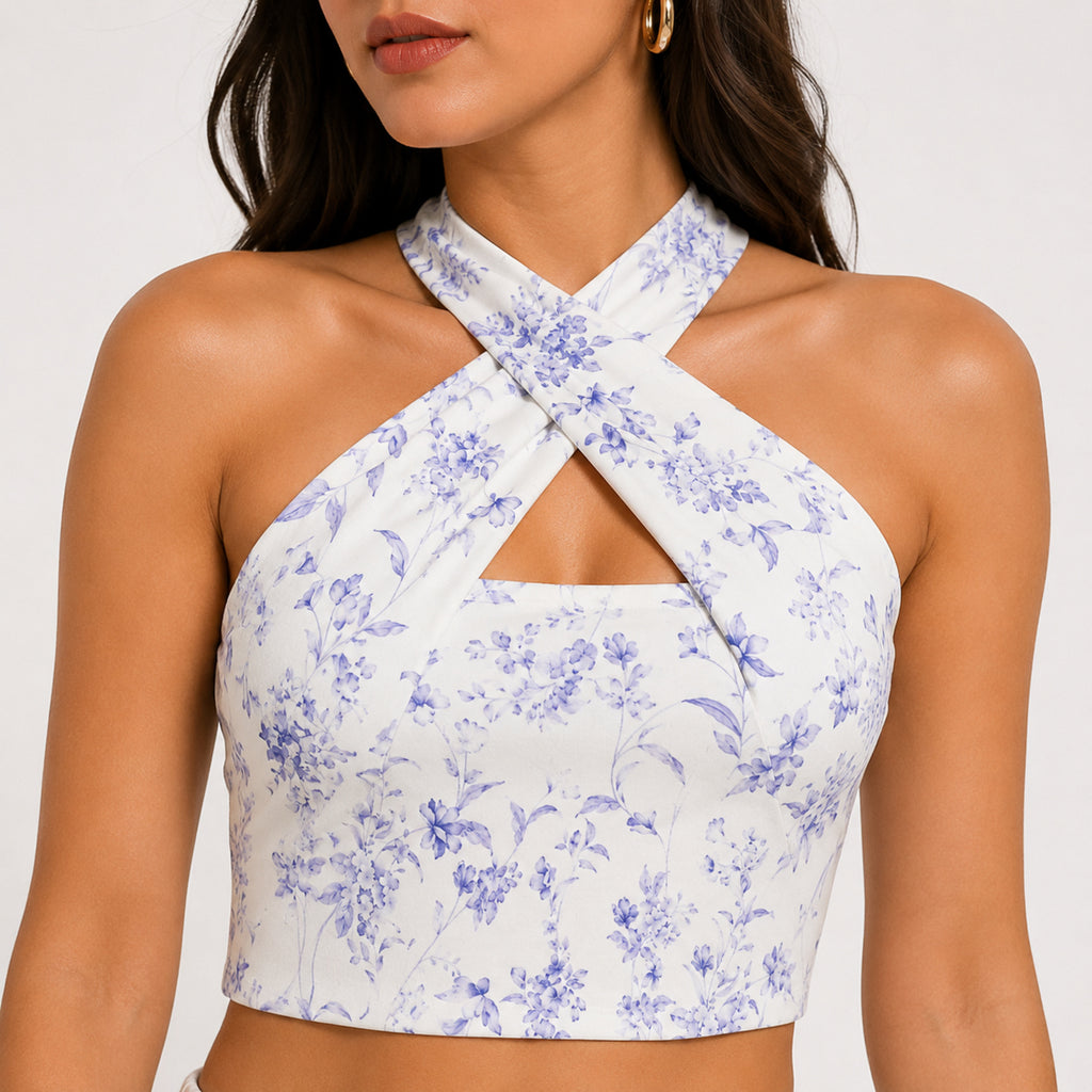 Women's Lavender Floral Printed Sleeveless Criss-Cross Halter Neck Crop Top for Party and Casual Wear-1