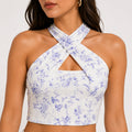 Women's Lavender Floral Printed Sleeveless Criss-Cross Halter Neck Crop Top for Party and Casual Wear-1