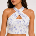 Women's Lavender Floral Printed Sleeveless Criss-Cross Halter Neck Crop Top for Party and Casual Wear-1