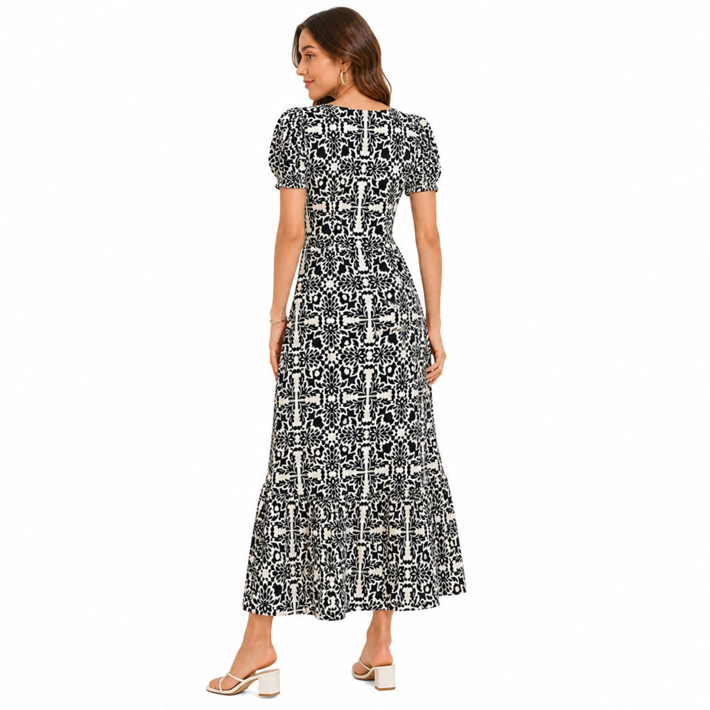Women's Printed V-Neck Midi Dress with Puff Sleeves-3