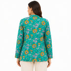 Women’s Teal Blue Printed Jacket – Full Sleeve Floral Button-Front Longline Jacket-4