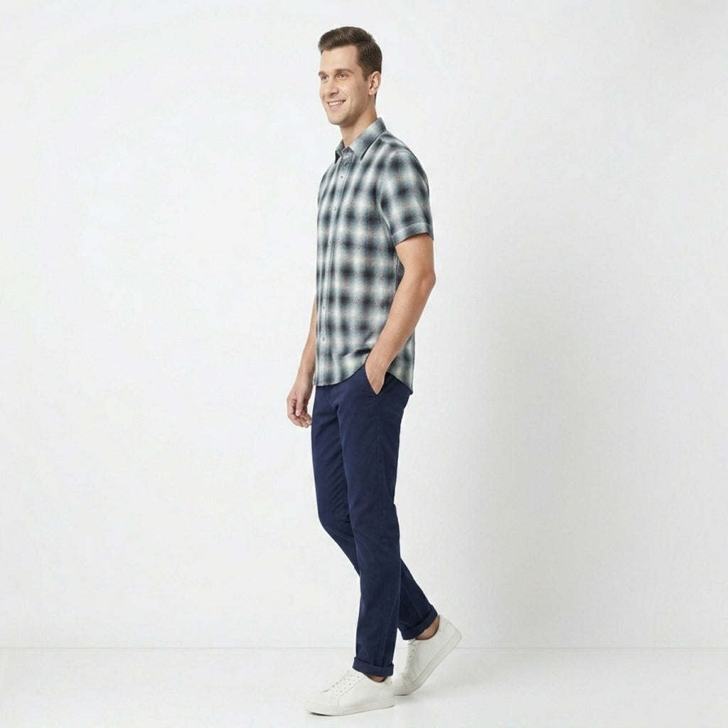 Men's Blue Checked Casual Half Sleeve Shirt-1