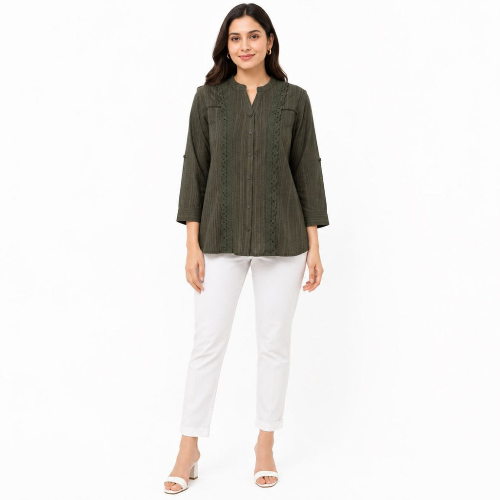 Women's Olive Green Textured Tunic Top | Mandarin Collar 3/4 Sleeve Button-Down Casual Shirt-1