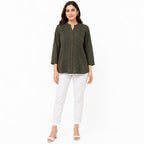 Women's Olive Green Textured Tunic Top | Mandarin Collar 3/4 Sleeve Button-Down Casual Shirt-1