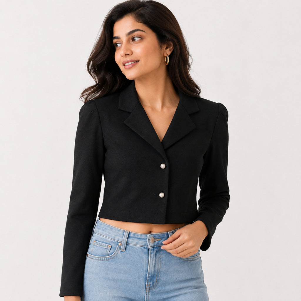 Women's Obsidian Midnight Black Cropped Blazer Jacket with Metallic Button Detailing-2