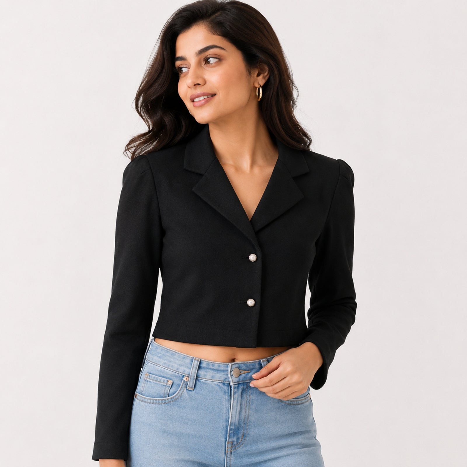 Women's Obsidian Midnight Black Cropped Blazer Jacket with Metallic Button Detailing-2