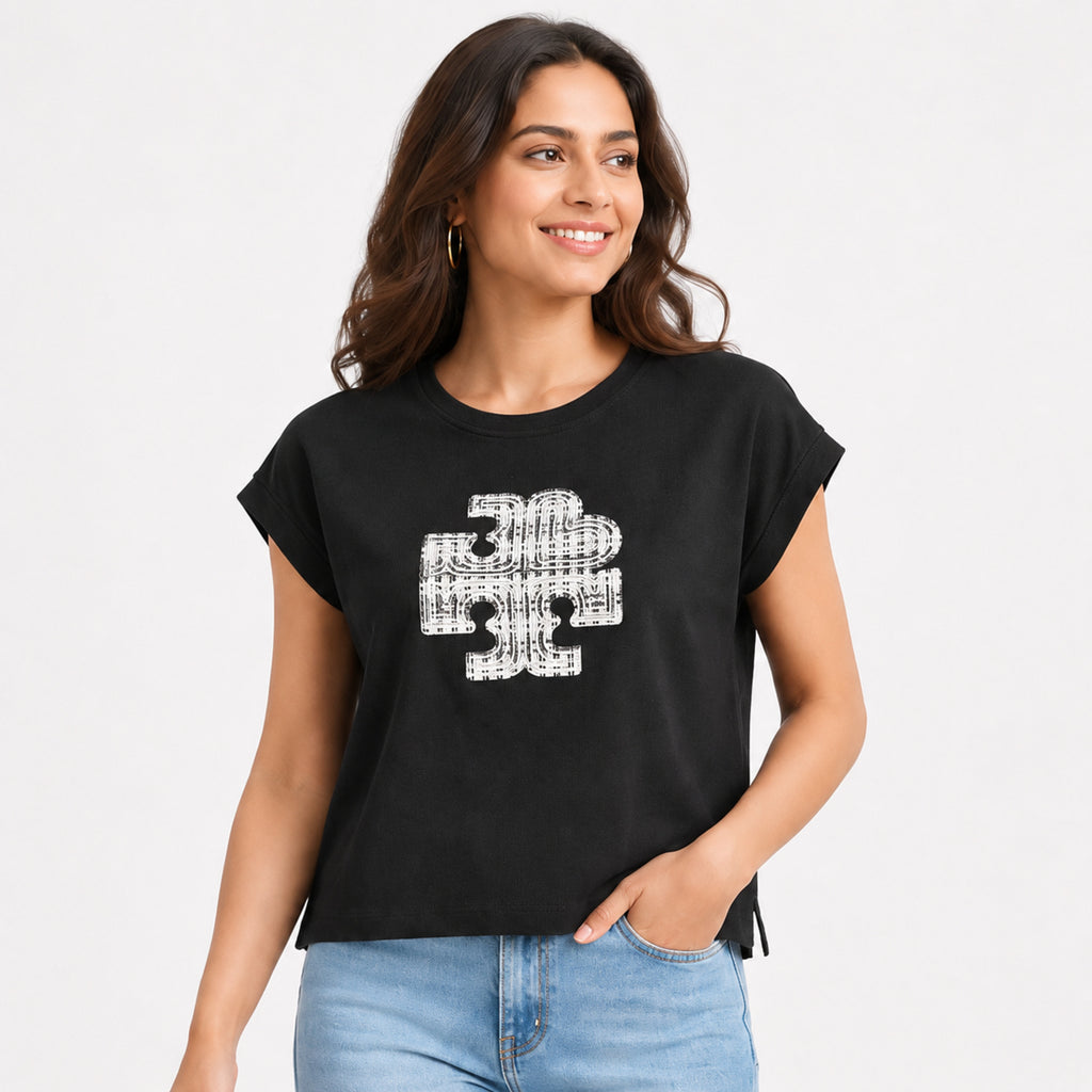 Women's Black Graphic Print Relaxed Fit T-Shirt | Premium Casual Cotton Top-3
