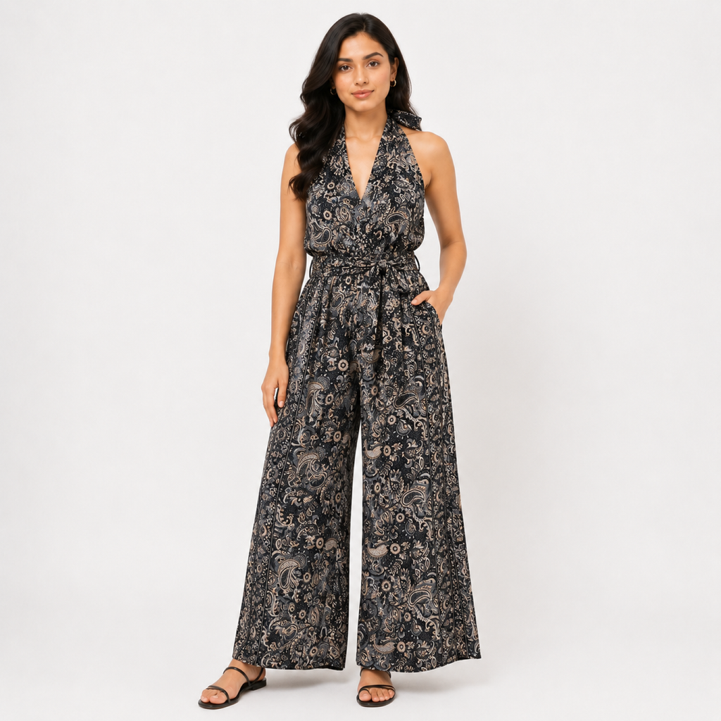 Women's Black & White Paisley Print Halter Neck Wide Leg Jumpsuit with Waist Tie-2