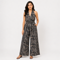 Women's Black & White Paisley Print Halter Neck Wide Leg Jumpsuit with Waist Tie-2