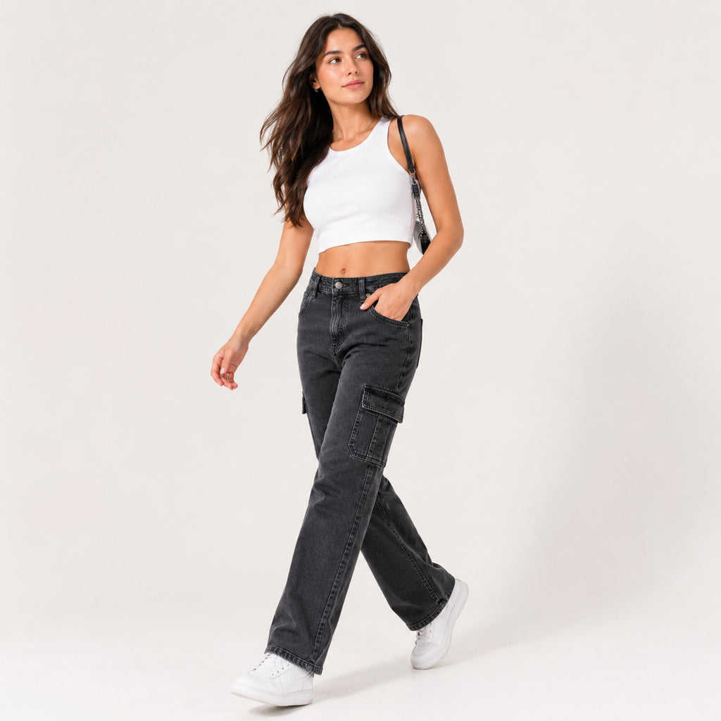Women's Grey Washed Cargo Fit Denim Jeans-3