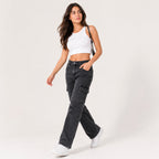 Women's Grey Washed Cargo Fit Denim Jeans-3