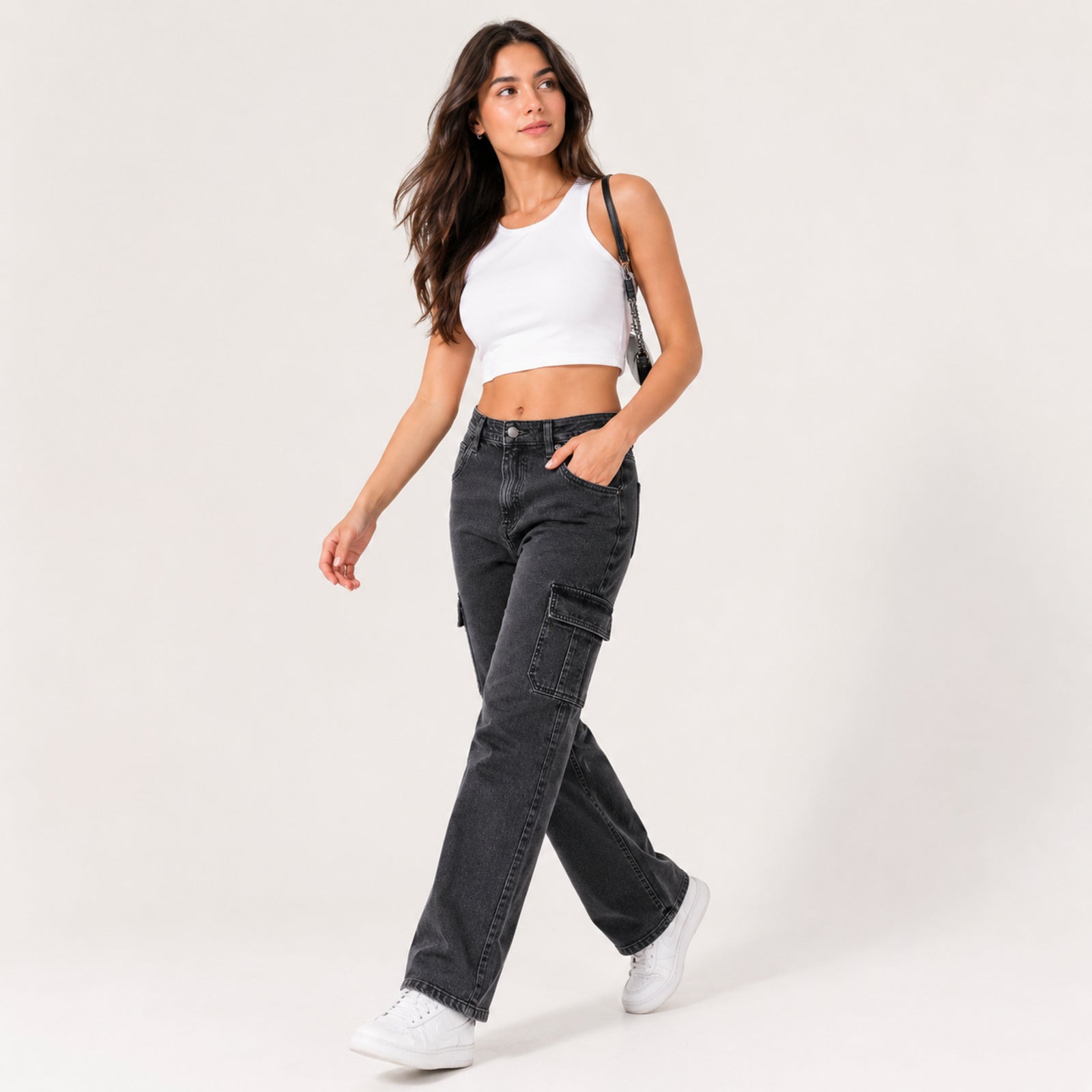 Women's Grey Washed Cargo Fit Denim Jeans-3