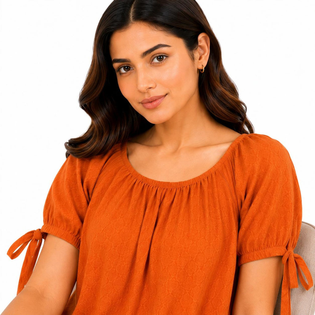 Women's Burnt Orange Gathered Neck Tie-Sleeve Casual Top-4