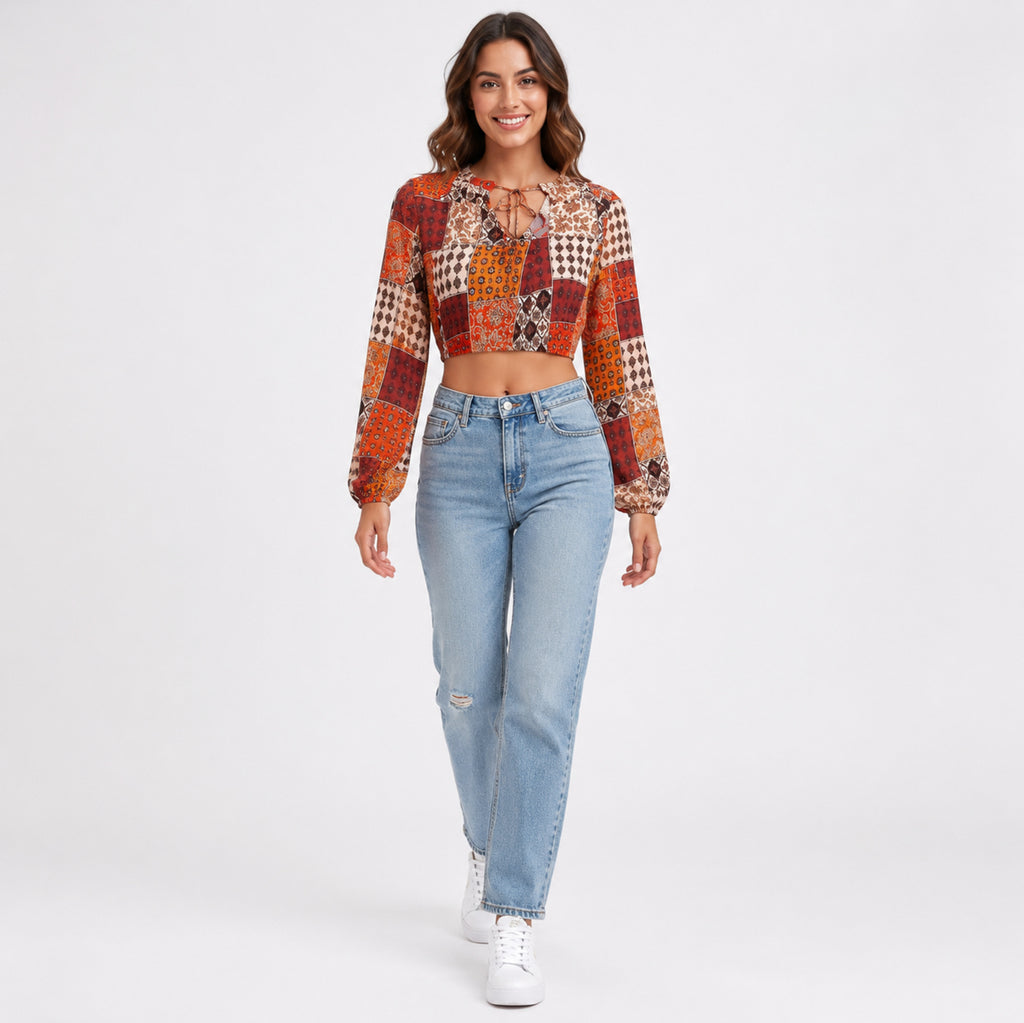 Women's Red Patchwork Print Tie-Neck Cropped Casual Top-3