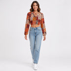 Women's Red Patchwork Print Tie-Neck Cropped Casual Top-3