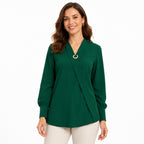 Women's Green Wrap Style Long Sleeve V-Neck Top-1