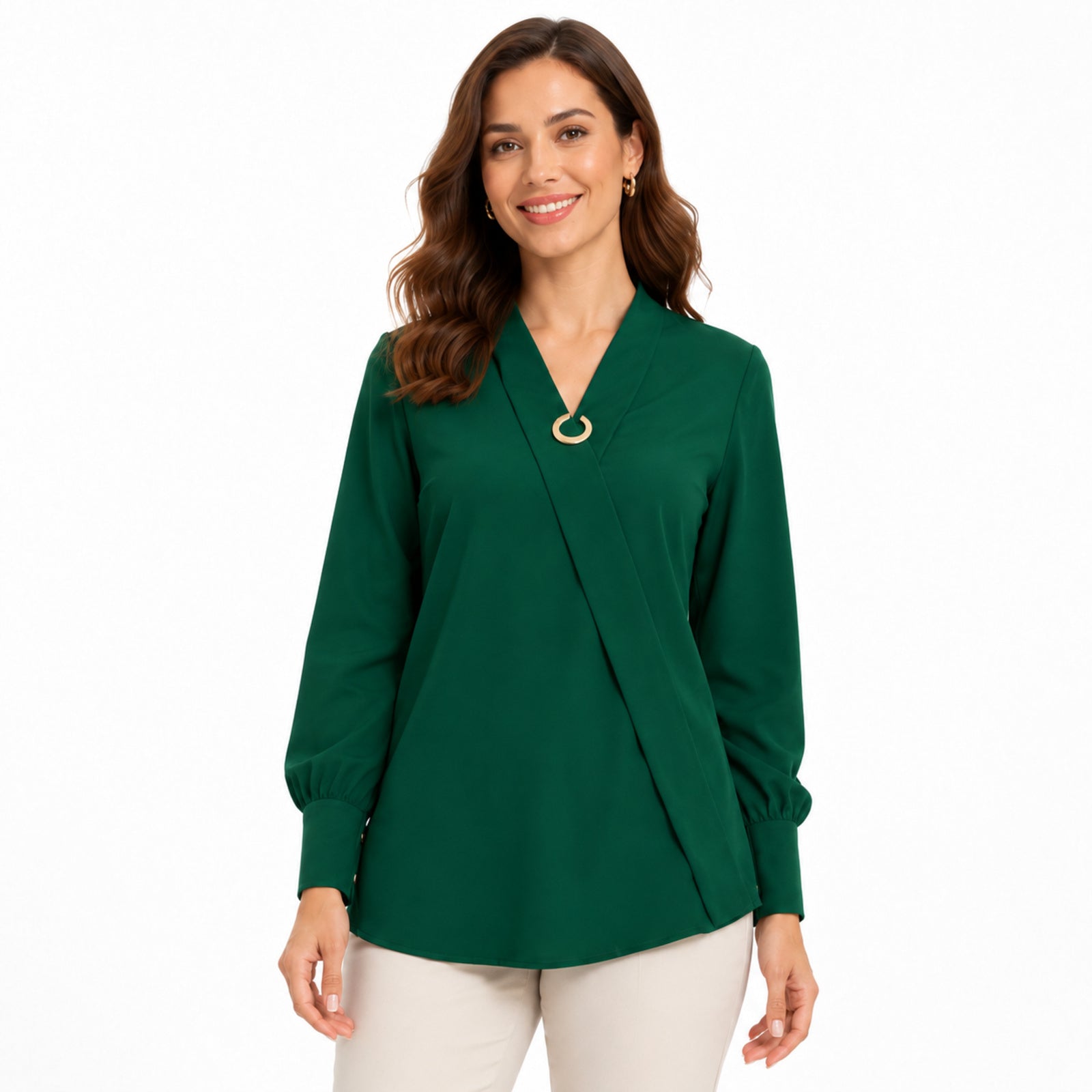 Women's Green Wrap Style Long Sleeve V-Neck Top-1