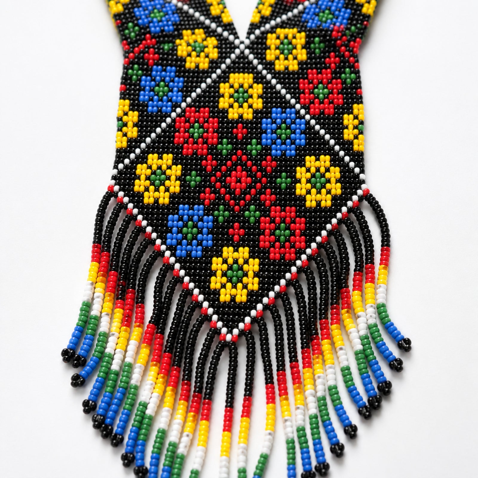 Women's Obsidian Floral Geometric Hand-Beaded Jewelry Set with V-Neck Fringe Necklace and Drop Earrings-2
