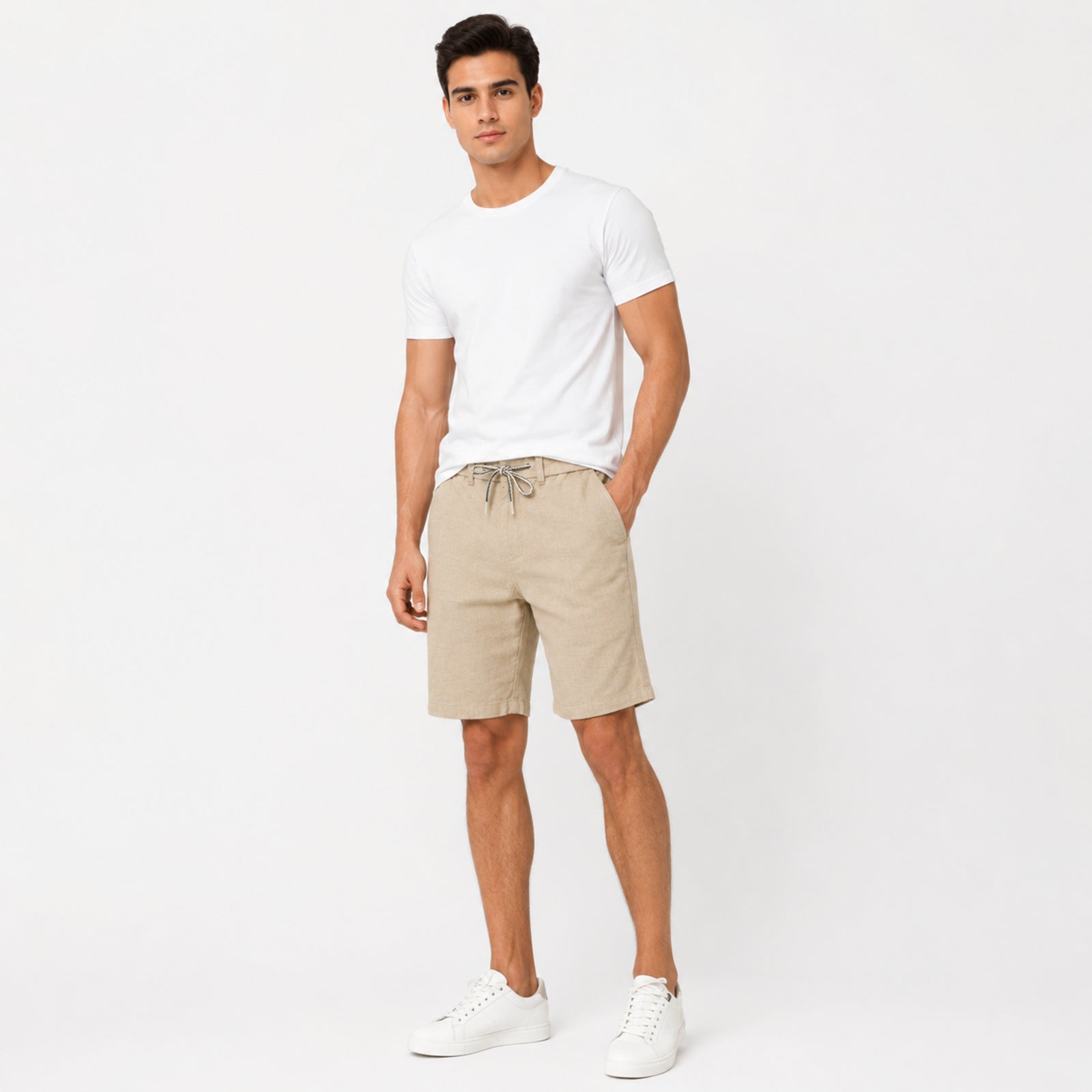 Men's Beige Drawstring Casual Shorts-4