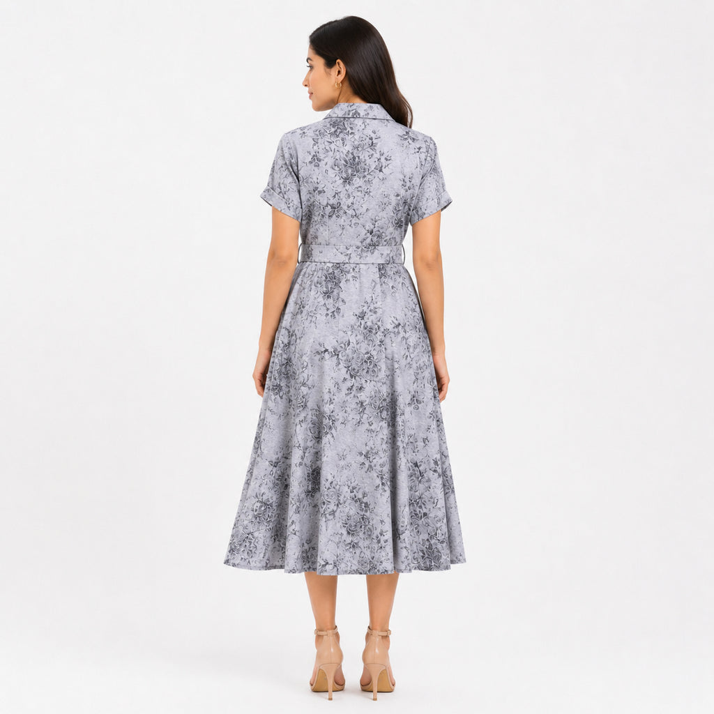 Women's Vintage Floral Print Button-Down Shirt Dress with Pockets-4