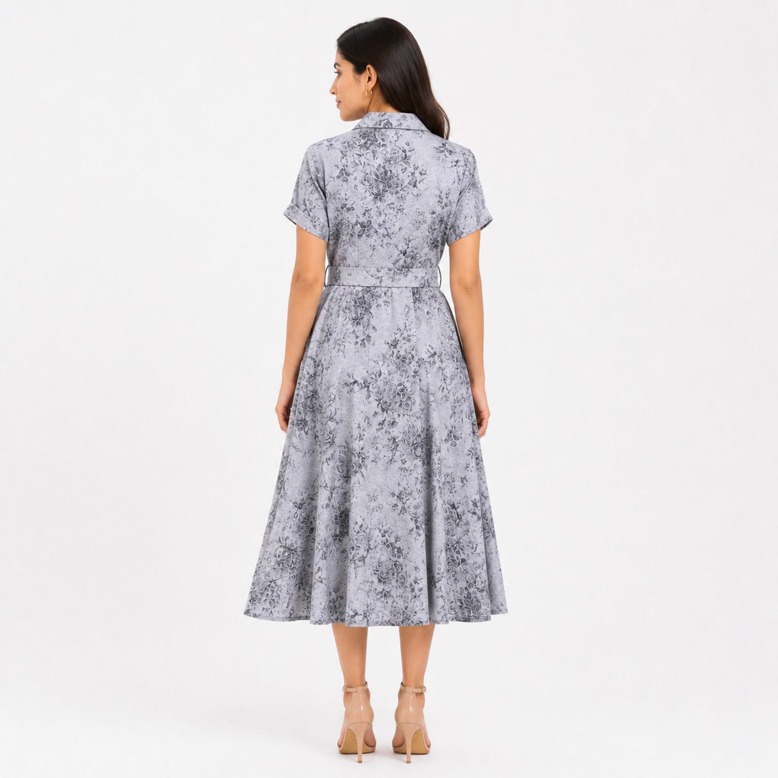 Women's Vintage Floral Print Button-Down Shirt Dress with Pockets-4
