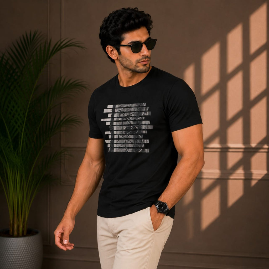 Men's Black Abstract Graphic Casual T-Shirt-4