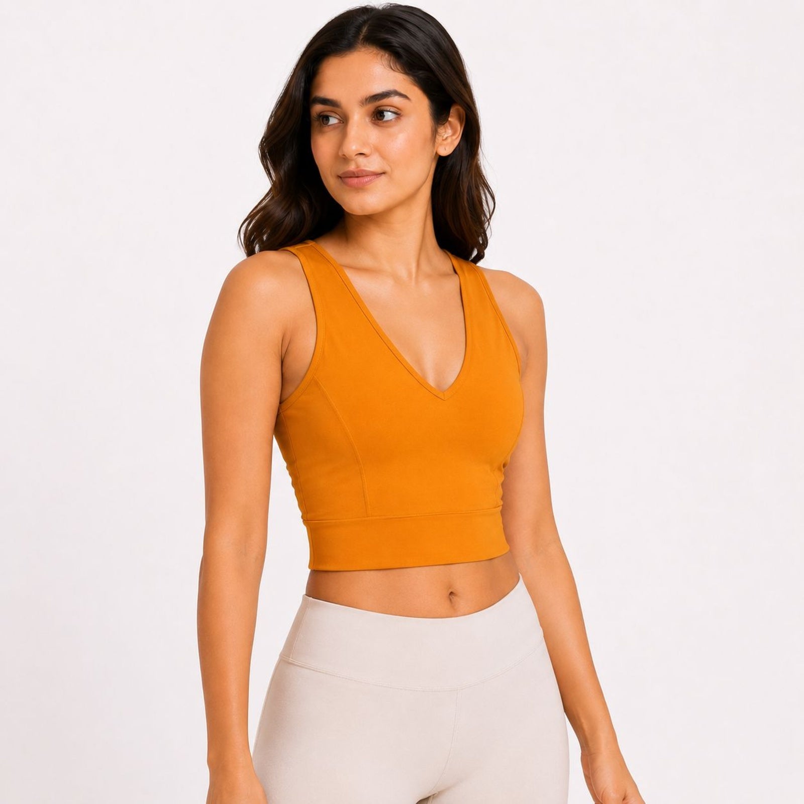 Women's Chic V-Neck Mustard Yellow Fitted Crop Top-3