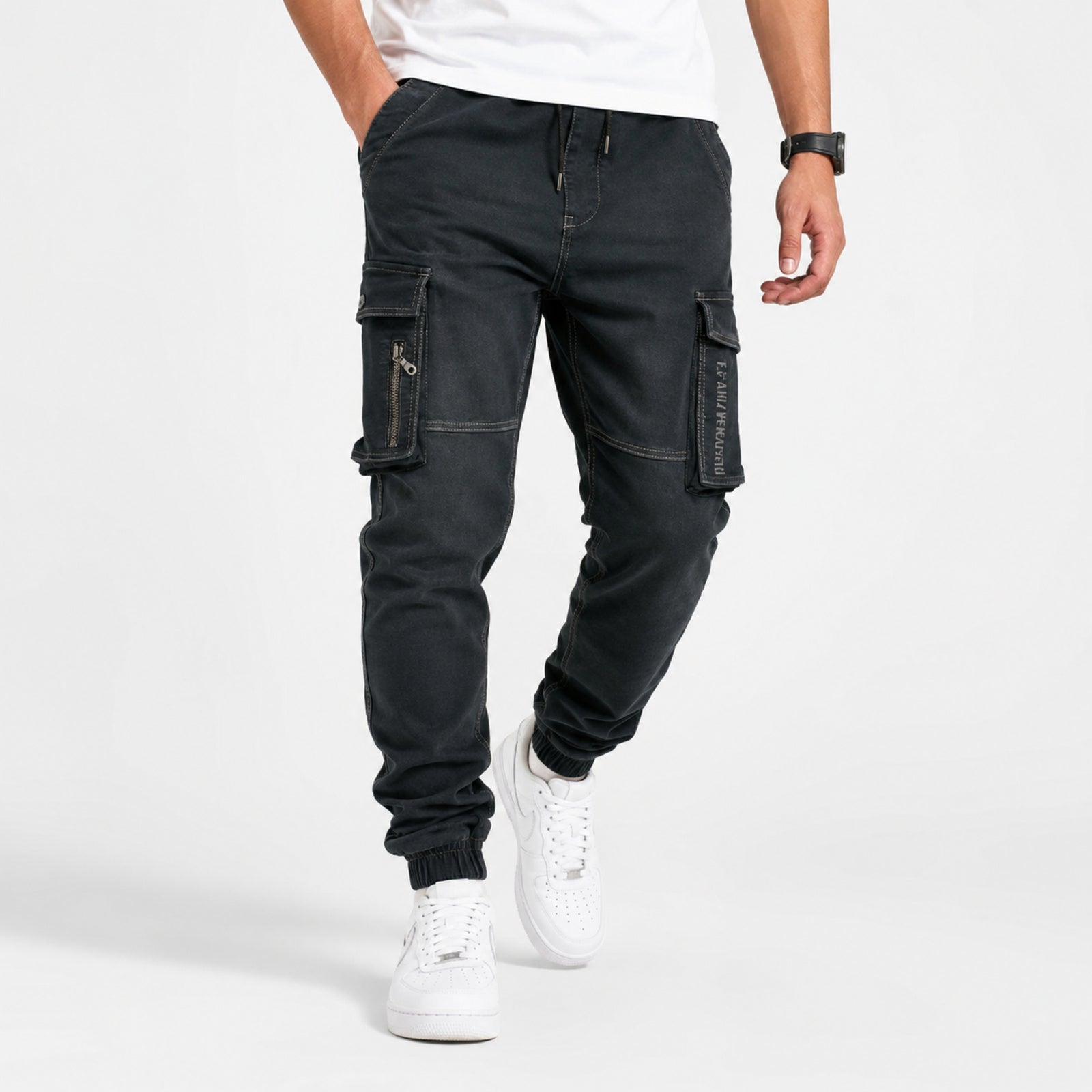Men's Charcoal Black Cargo Jogger Jeans-2