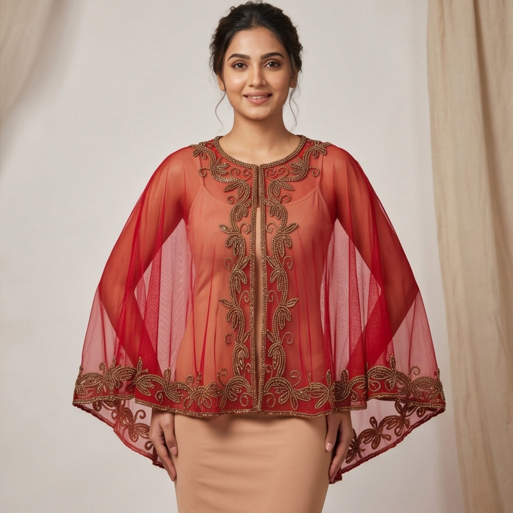 Women's Elegant Hand-Embroidered Red Sheer Cape Overlay Dress-1
