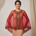 Women's Elegant Hand-Embroidered Red Sheer Cape Overlay Dress-1