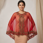 Women's Elegant Hand-Embroidered Red Sheer Cape Overlay Dress-1