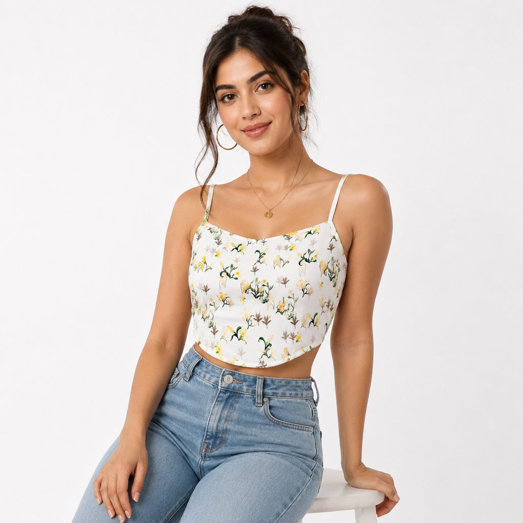 Women's White Floral Print Spaghetti Strap Crop Top-2