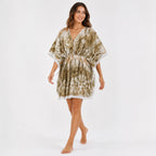 Women's Olive Green Tie-Dye V-Neck Lace Trim Kaftan Dress | Breezy Resort Wear Cover-Up-1