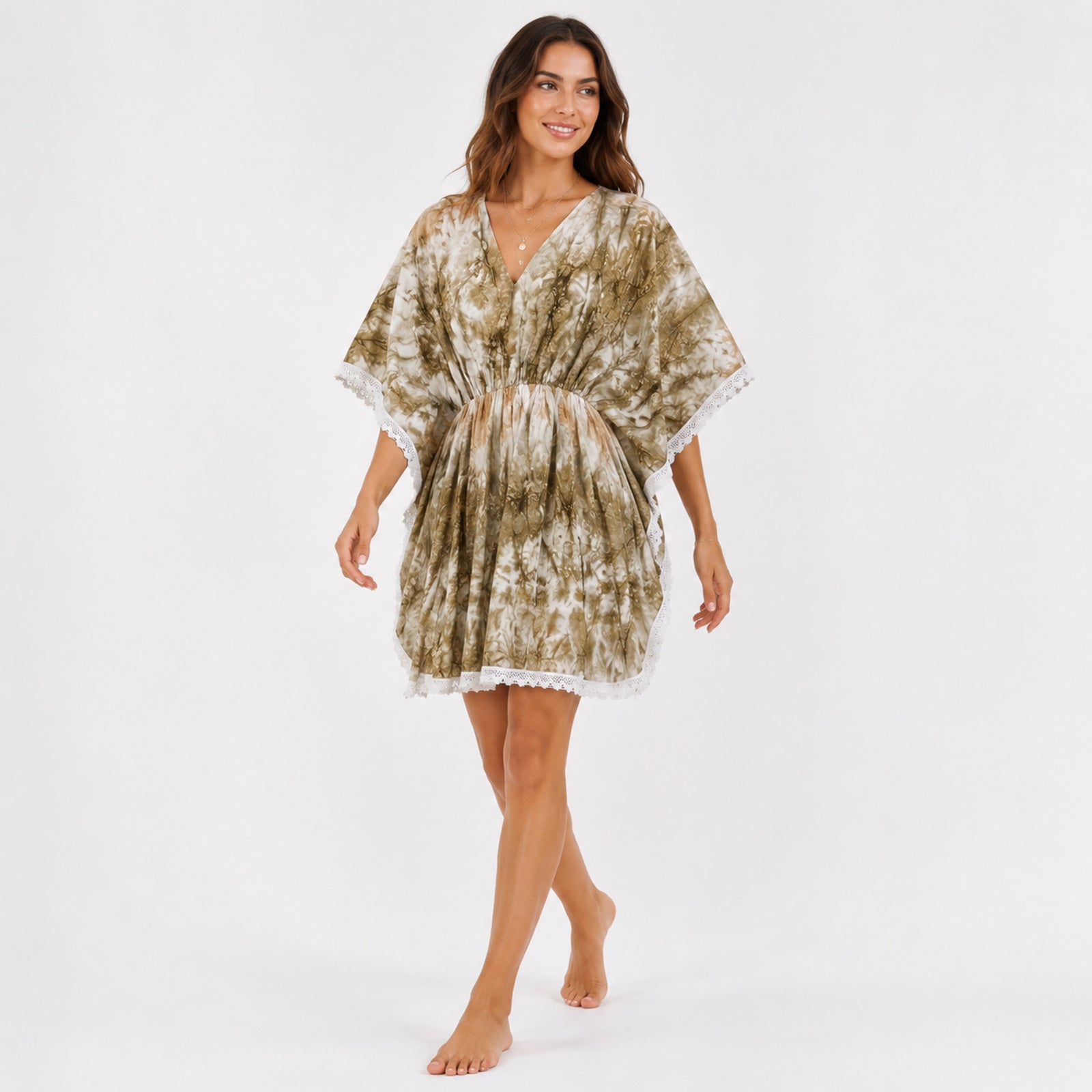 Women's Olive Green Tie-Dye V-Neck Lace Trim Kaftan Dress | Breezy Resort Wear Cover-Up-1
