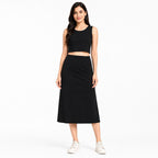 Women's Black Sleeveless Crop Top & Midi Skirt Co-Ord Set-1