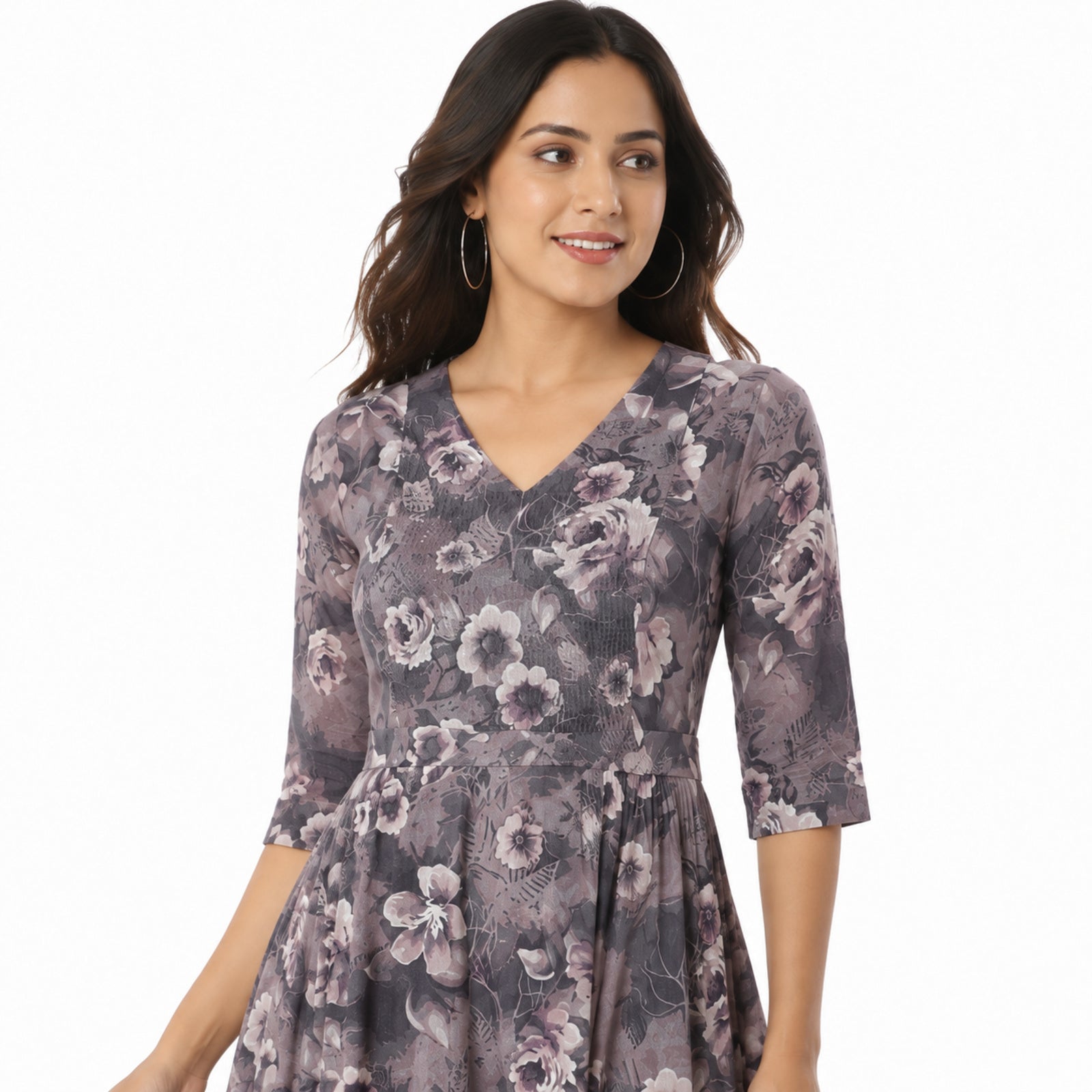 Women's Grey Floral V-Neck Flared Maxi Dress with Three-Quarter Sleeves-3