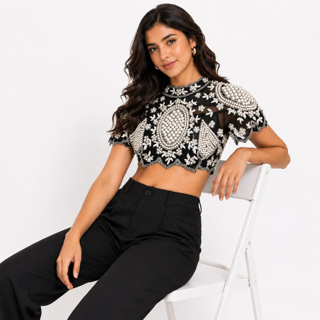 Women's Obsidian Nocturne Hand-Embellished Pearl and Sequin Cape-Style Crop Top-2