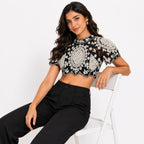 Women's Obsidian Nocturne Hand-Embellished Pearl and Sequin Cape-Style Crop Top-2