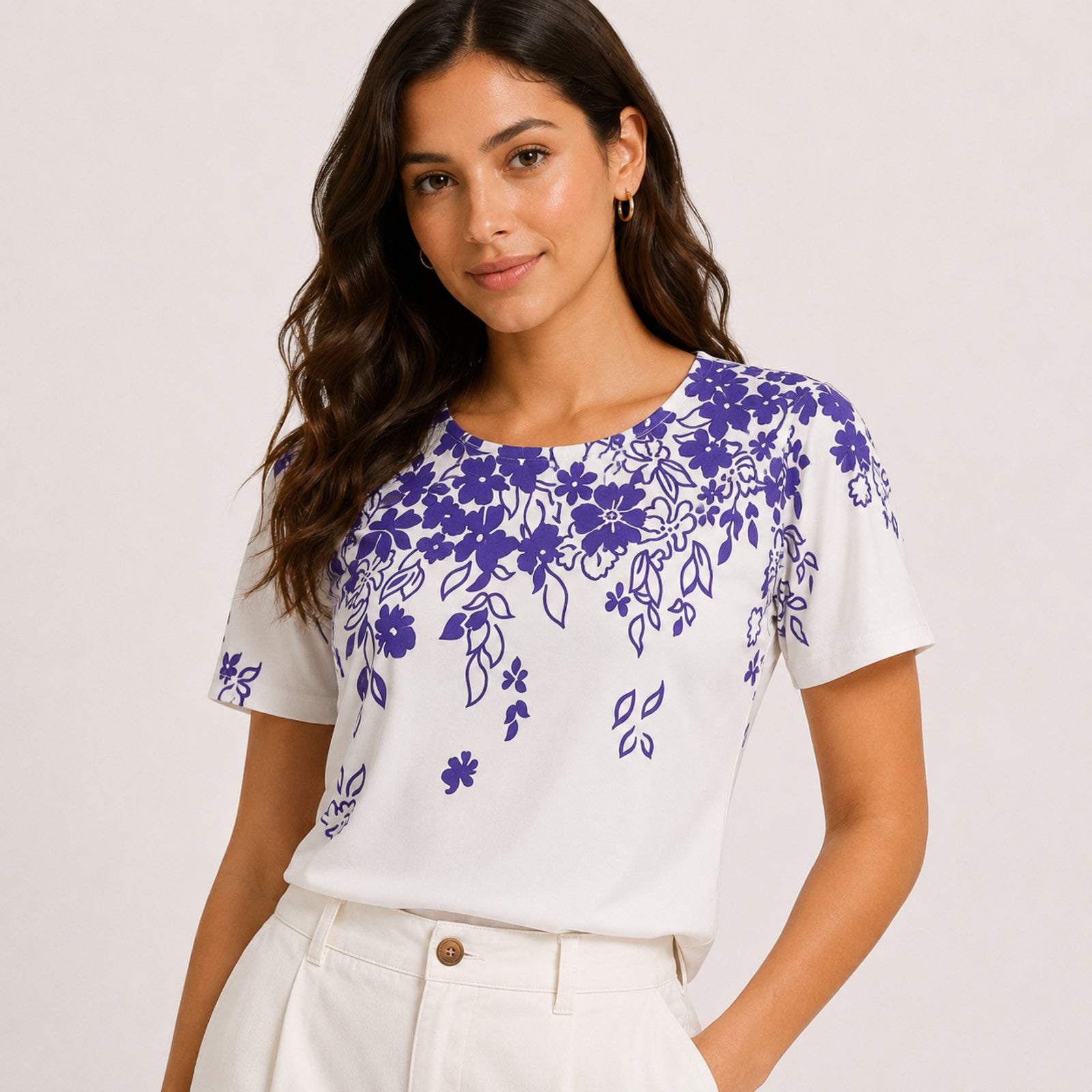 Women's White Floral Print Round Neck T-Shirt-3