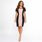 Women's Peach & Black Color Block Bodycon Dress | Round Neck Short Sleeve Knee-Length Dress-3