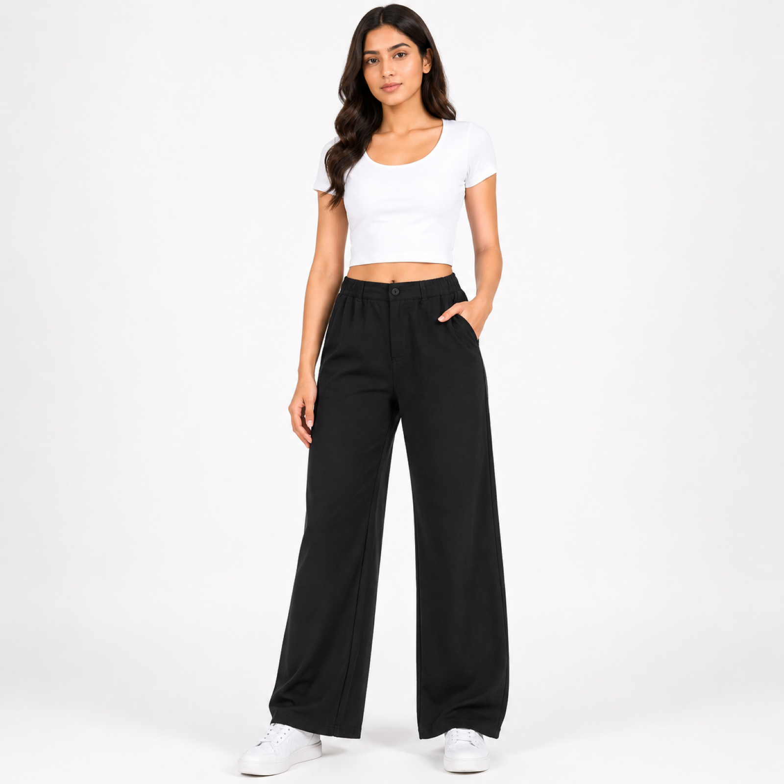 Women's Black High-Waist Wide Leg Casual Trousers-1