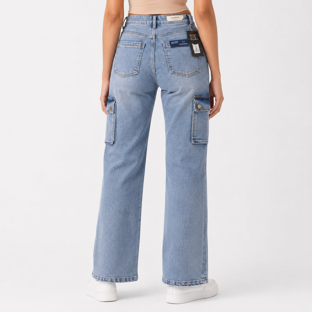 Women's Sleek High-Waist Wide-Leg Light Blue Denim Cargo Jeans-4